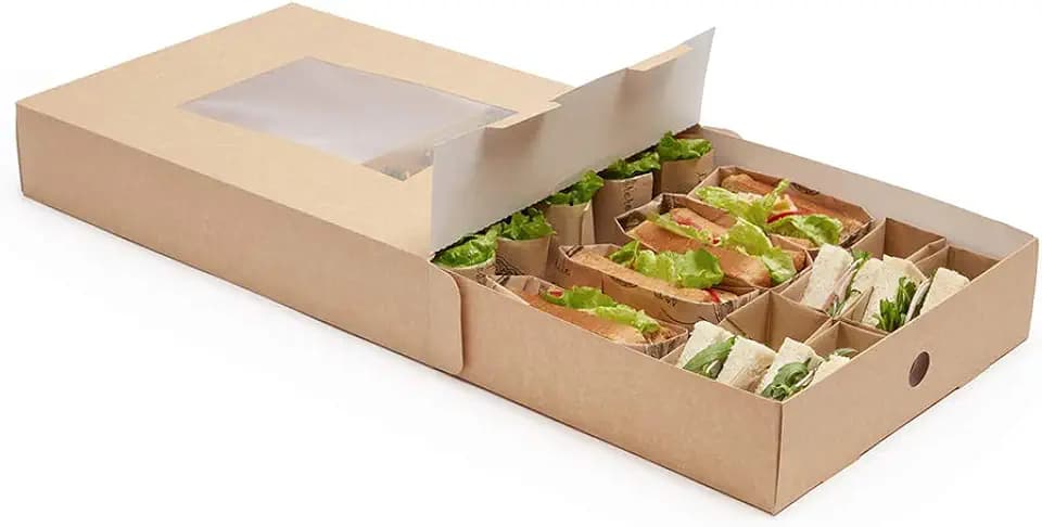 Restaurantware-17.7 x 12.2 x 3.2 Inch Catering Trays, 10 Grease-Resistant Catering Boxes - Cover With Window Included, Side Lock, Kraft Paper Catering Food Containers, Inserts Sold Separately