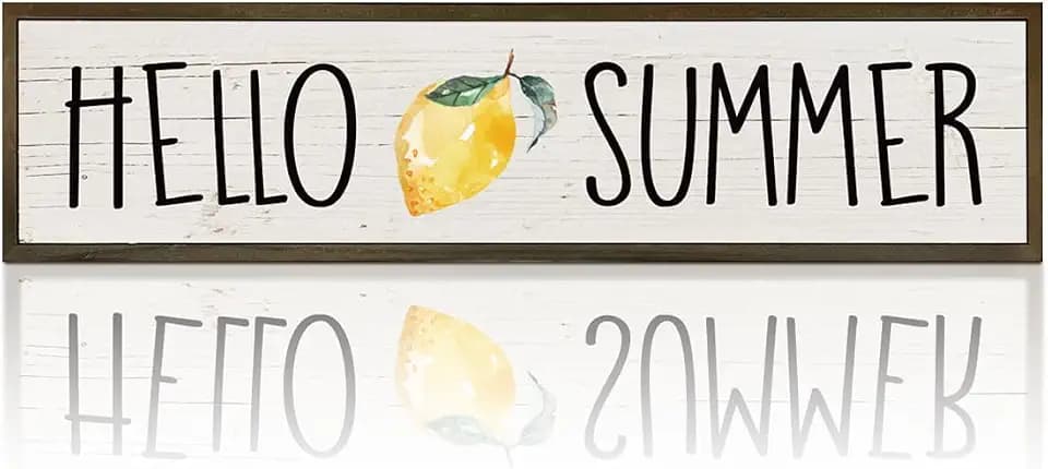 Hello Summer Sign, Lemon Summers Decor, Summer Seasonal Wall Decoration, Home Decor for Front Door, Garden Yard Decors, Tabletop Shelf Decoration, Freestanding Wooden Block Sign 17.8x4x1.2 inches