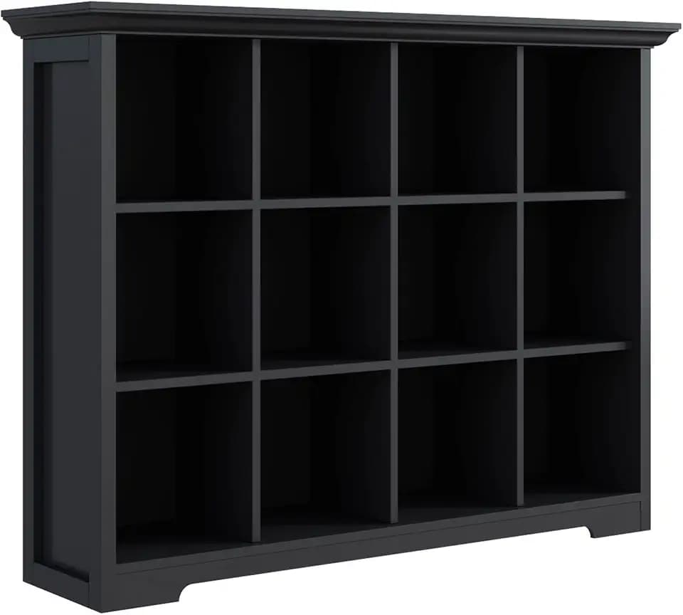 OSCHF 12-Cube Open Bookcase with Base, 3-Tier Wooden Bookshelf, Black