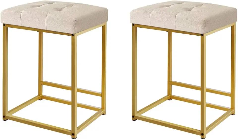 GIA 24-Inch Counter Height Square Metal Stool with Footrest and Tufted Beige Linen Upholstery, Gold Frame, Qty of 2