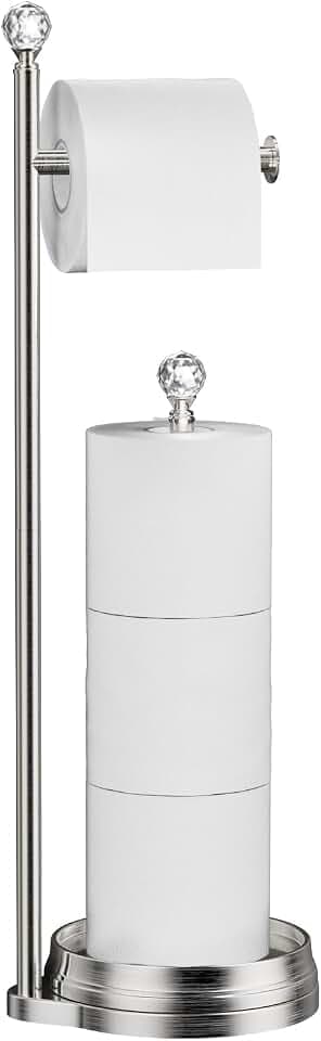KASUNTO Toilet Paper Holder for Bathroom, Heavy Weighted Metal Free Standing Toilet Paper Holder Stand with Crystal Ball, Toilet Paper Roll Stand for Bathroom Accessories(Brushed Nickel)