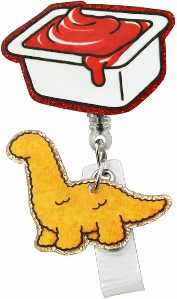 Dino Nugget Ketchup Badge Reel Cute Funny Animal Dinosaur Food Ketchup ID Name Holder with Retractable Clip Work Office Clinic Hospital Accessories Gift for Pediatrics Peds Coworkers Nurse Veterinary