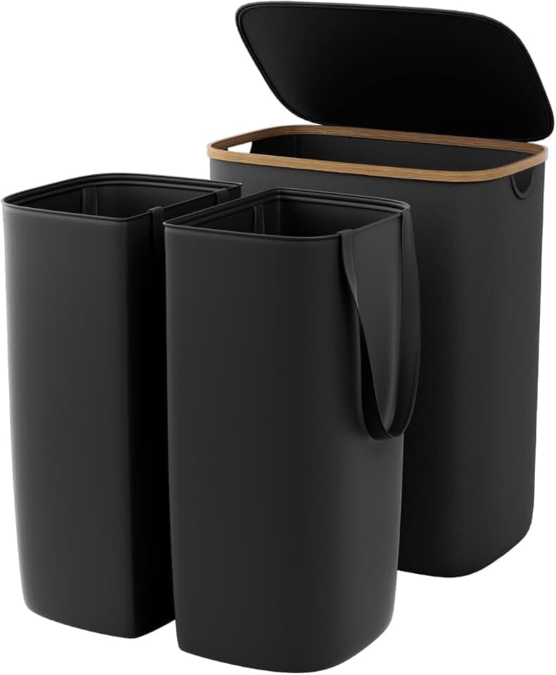 Double Laundry Hamper with Lid 150L Large Laundry Basket with Bamboo Handles Foldable Clothes Hampers with 2 Removable Liner Bags for Laundry for Bedroom Bathroom Dorm Laundry Room, Black