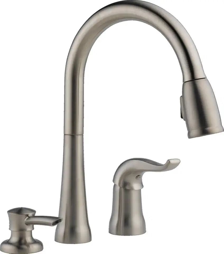 Delta Kate Brushed Nickel Kitchen Faucet with Pull Down Sprayer and Soap Disperser, Modern Two Hole Kitchen Sink Faucet, Single Handle, Stainless 16970-SSSD-DST