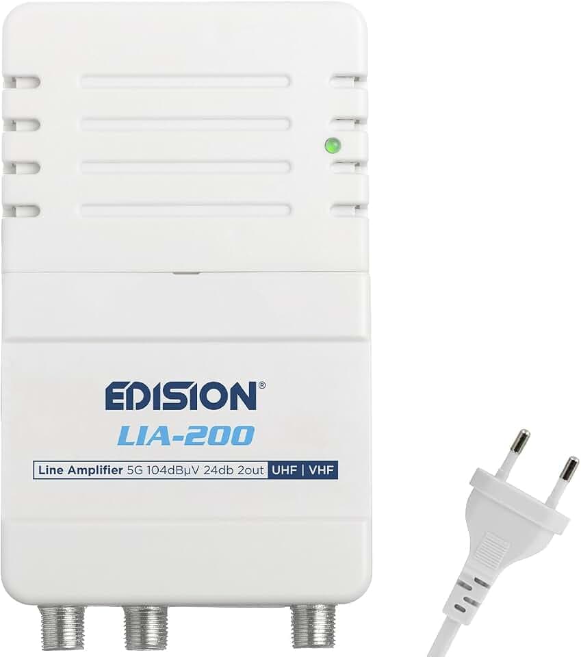 EDISION LIA-200 Hausanschlussverstärker UHF/VHF, 12-24db, 104dBmV, Frequenzbereich 47-694Mhz, geeignet für Kabelfernsehen digital und Terrestrisch DVB-T/T2, 5G LTE Filter, 1 Eingang, 2 Ausgänge