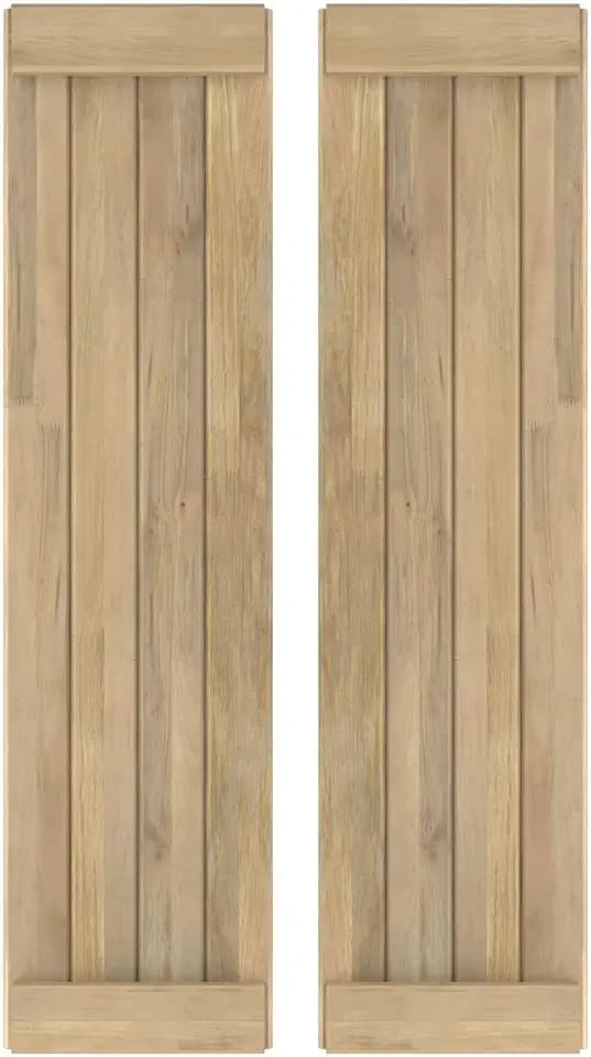 14"W x 36"H Americraft Four Board Exterior Real Wood Joined Board-n-Batten Shutters w/End Batten (Per Pair), Unfinished