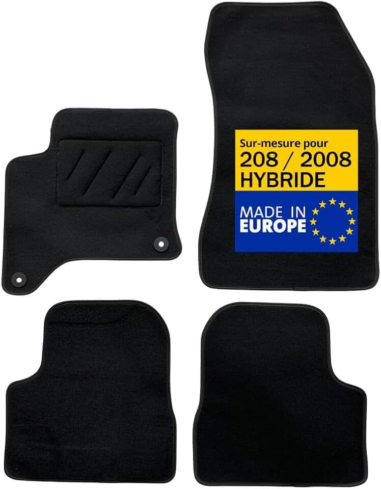 DBS – Auto-Fußmatten – passgenau für Peugeot 208 Hybrid / 2008 Hybrid ab 10/2019 – rutschfest mit Befestigungsclips – 4 Automatten vorne/hinten – schwarzer Teppichboden