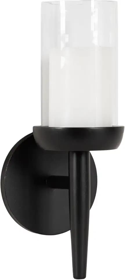 Kate and Laurel Shae Transitional Wooden Wall Sconce; 5 x 5 x 13; Black; Modern Candle Holder with Removable Glass Cylinder for Flameless Pillar Candles in Bedroom or Entryway