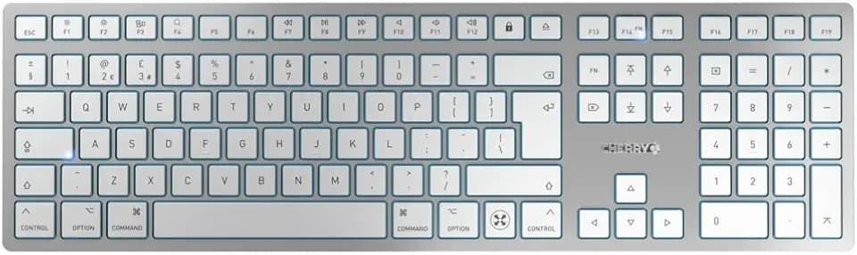 CHERRY KW 9100 Slim for MAC, Kabellose Mac-Tastatur, UK-Layout (QWERTY), Bluetooth oder 2,4 GHz Funk, Flache Tasten, Wiederaufladbar, Weiß-Silber