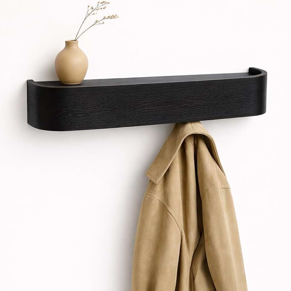 MTZ Solid Wood Wall Mounted Coat Rack with Shelf & 5 Hidden Hooks (Black)