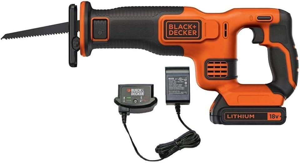 Black+Decker Akku-Säbelsäge (18V, 22 mm Hublänge, 110 mm Schnitttiefe, werkzeugloser Blattwechsel, Akku, Ladegerät) BDCR18