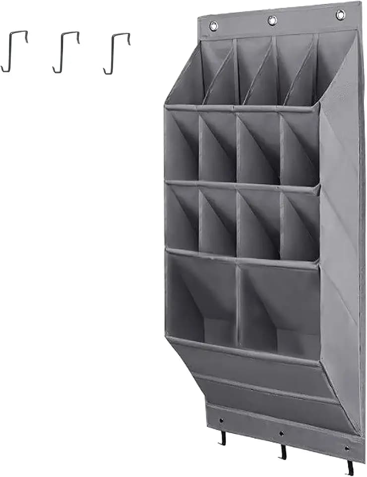 Over the Door Shoe Organizer, 14 Pockets Hanging Shoe Storage Rack with Large Deep Pockets, Oxford 600D Fabric Grey Shoe Storage Rack with 6 hook for Shoes, Slipper,Home Accessories etc