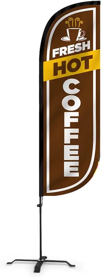 LookOurWay Feather Flag Set - 5ft Tall Advertising Banner Flag with Pole Kit and X-Stand for Business Promotion - Hot Coffee Brown