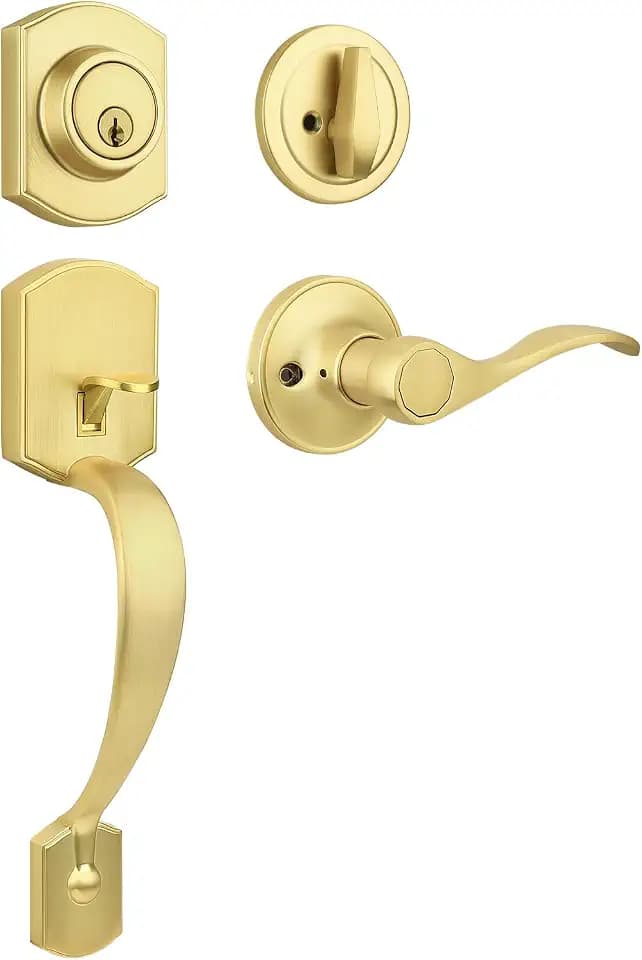 Probrico Front Door Lock Set Brushed Gold Exterior Door Handle Set, Entry Door Locksets with Deadbolt Single Cylinder, Camelot Look Front Door Handle and Deadbolt Set, 1 Set