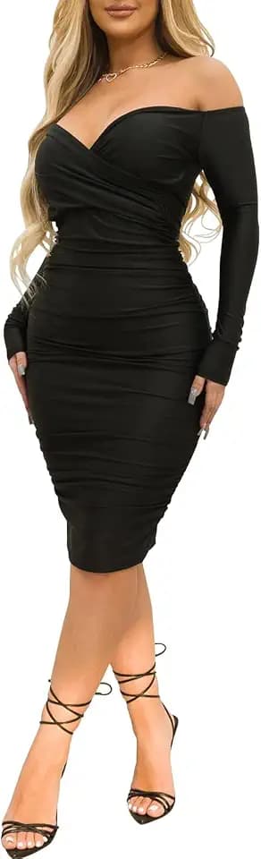 Rodawu Women's Sexy Deep V Neck Off Shoulder Bodycon Midi Dress