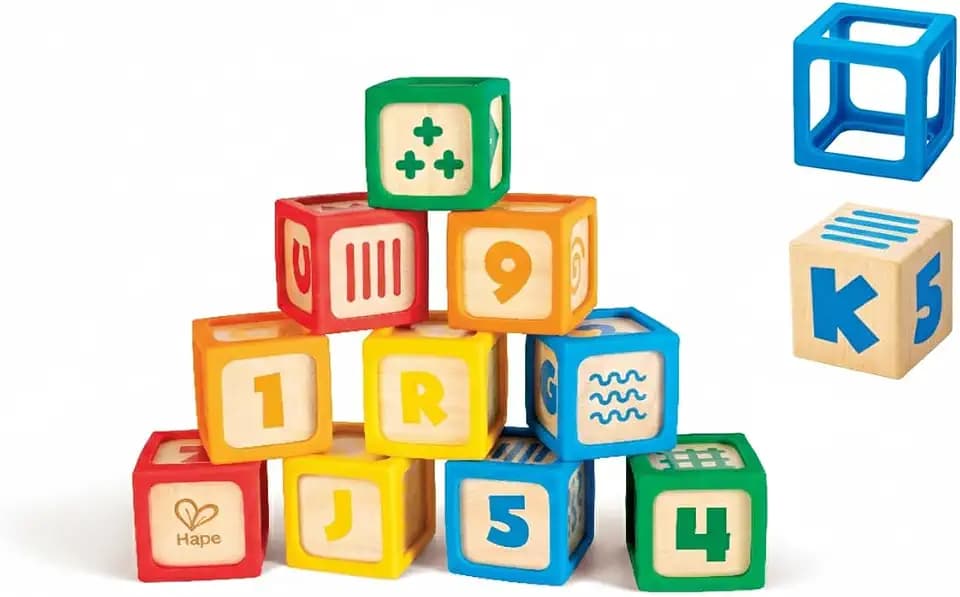 Hape Grip-n-Stack 10-Piece Wooden Building Blocks with Silicone Edges - Educational Alphabet & Number Stacking Toy for Toddlers and Babies - Fine Motor Skills & Sensory Play Set