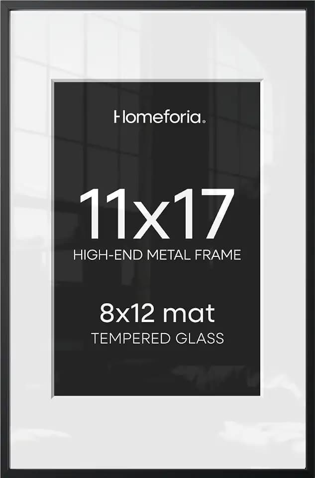 Homeforia 11x17 Black Picture Frame, High-End Metal, 8x12 Mat, Glass