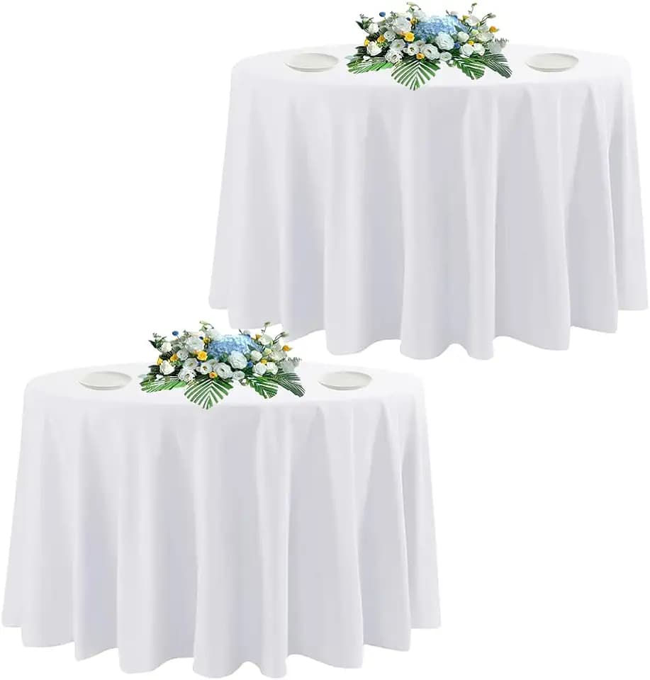 DAKKIONY 2 Pack Round Tablecloth White 120 Inch, Stain Resistant and Wrinkle Polyester Fabric, Washable Table Cover for Kitchen Dining, Wedding, Buffet Table, Holiday Party