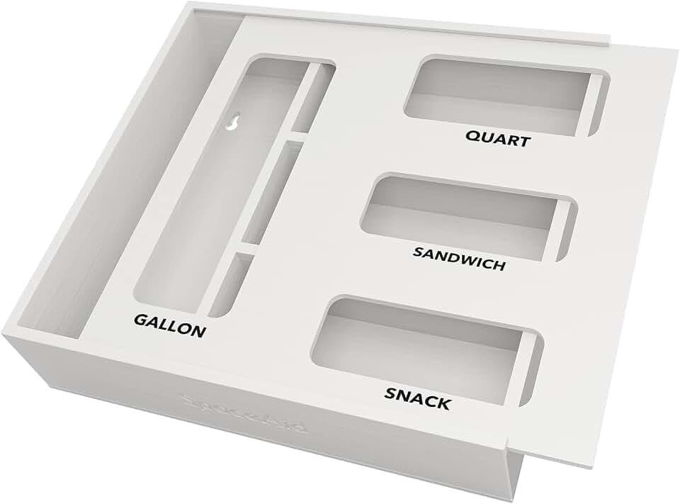 SpaceAid Bag Storage Organizer for Kitchen Drawer, Bamboo Organizer, Compatible with Gallon, Quart, Sandwich and Snack Variety Size Bag (1 Box 4 Slots), White