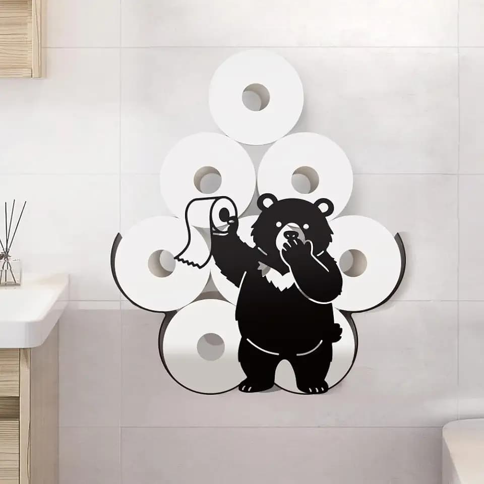 WADORN Funny Bear Covering Its Nose Metal Toilet Paper Holder for Extra 8 Rolls, Black Toilet Tissue Storage Decorative Toilets Paper Rolls Organizer Wall Mounted for Bathrooms Home Housewarming Gift