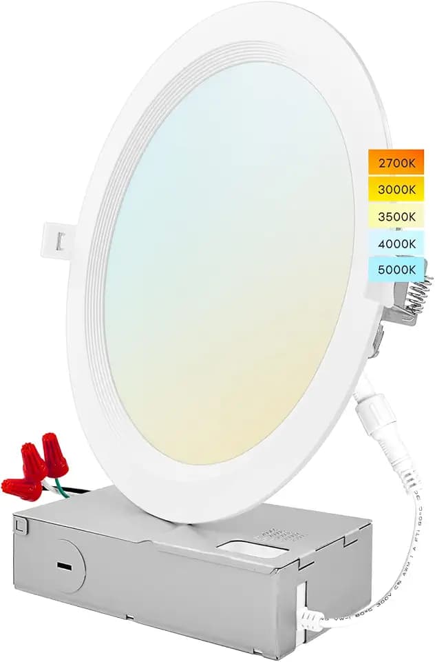 LUXRITE 8 Inch Ultra Thin LED Recessed Lighting, 23W, 5 Color Selectable 2700K | 3000K | 3500K | 4000K | 5000K, CRI 90, 1800 Lumens, Dimmable LED Wafer Lights, Wet Rated, UL Listed, Baffle Trim