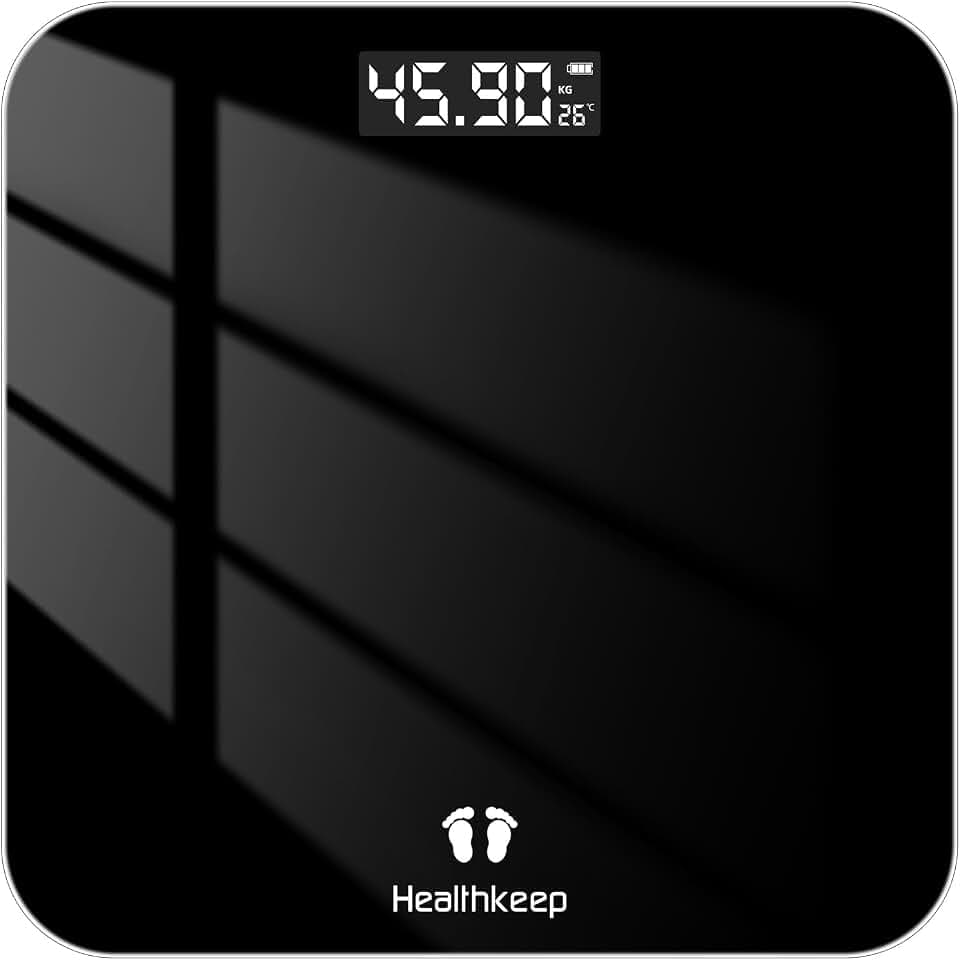Healthkeep Personenwaage, Körperwaage mit Hochpräzisions-Sensoren, Personen Digitalwaage mit Step-On-Technik, Gewichtswaage aus Sicherheitsglas, Schwarz (260 schwarz 202403)