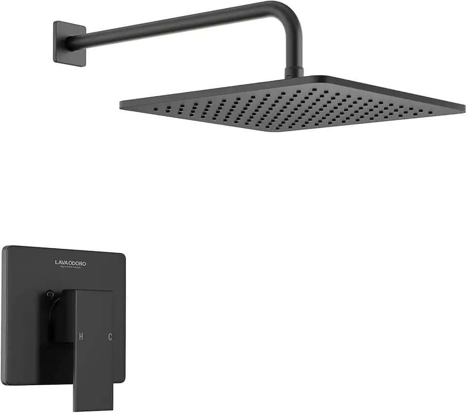 Lava Odoro 12-inch Modern Square Shower Faucet Set Matte Black, Shower Trim Kit with Rough-in Valve High Pressure Black Rainfall Shower Head and Handle Set, (Valve Included), SF106-MB