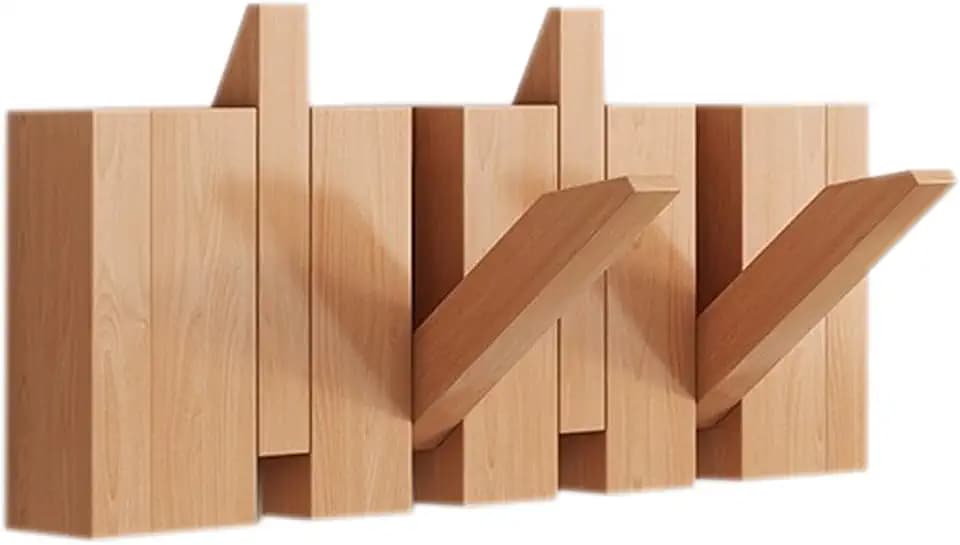 Beech-6 Hooks Wall Mounted Coat Rack - Natural Solid Wood Hangers with Non-Woven Fabric - 4 Hooks for Closet, Kitchen, Bedroom, Bathroom, Entryway