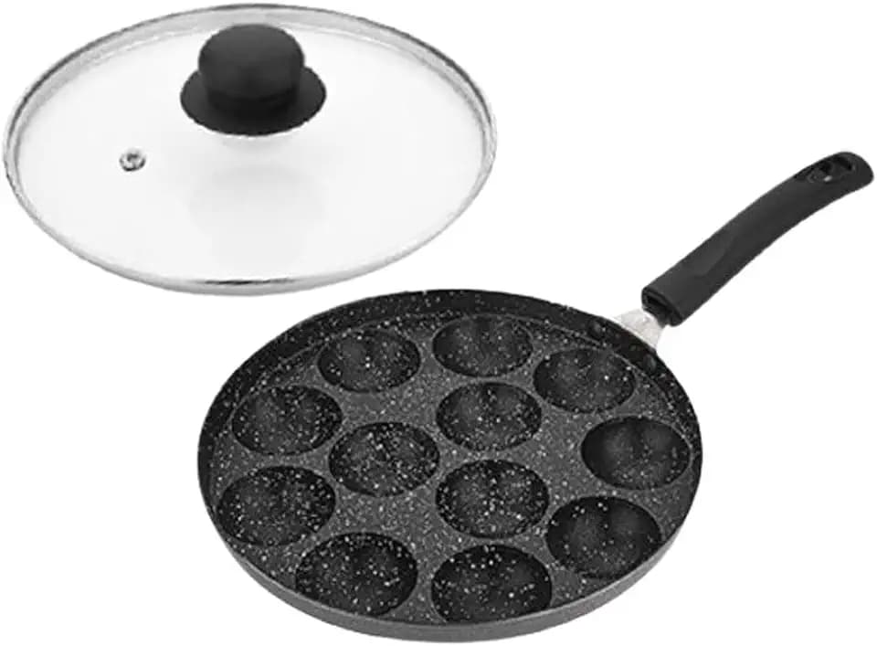 Non Stick Aluminium Long Handel 12 Pits Appam Pan with Transparent Glass Lid - Black and Silver