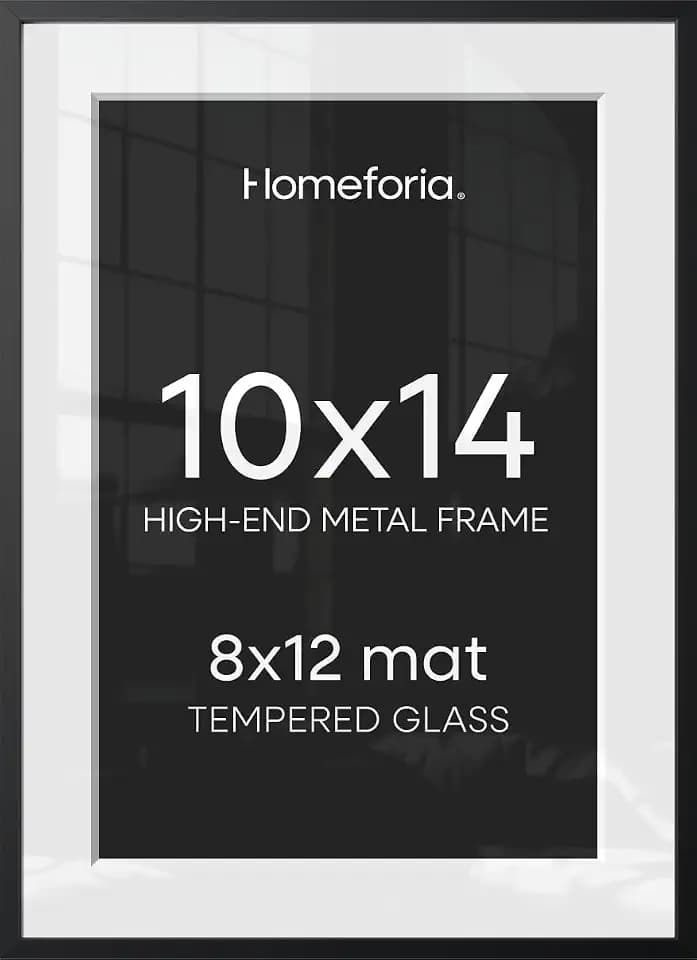 Homeforia 10x14 Black Picture Frame, High-End Metal, 8x12 Mat, Glass