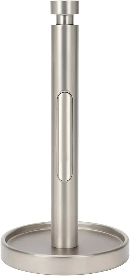 Ivilon Countertop Paper Towel Holder - Weighted Heavy Duty Steel Stand with Non-Slip Base for a Steady One-Handed One Sheet Tear - Fits All Rolls - Brushed Nickel