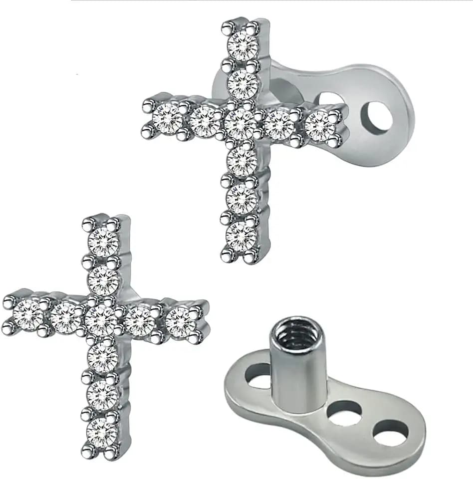 2Pcs 14G Cross Dermal Anchor Tops and Base Stainless Steel Cubic Zirconia Internally Threaded Microdermals Body Piercings Studs Dermal Piercings Surface Skin Piercing Body Jewelry for Women Men