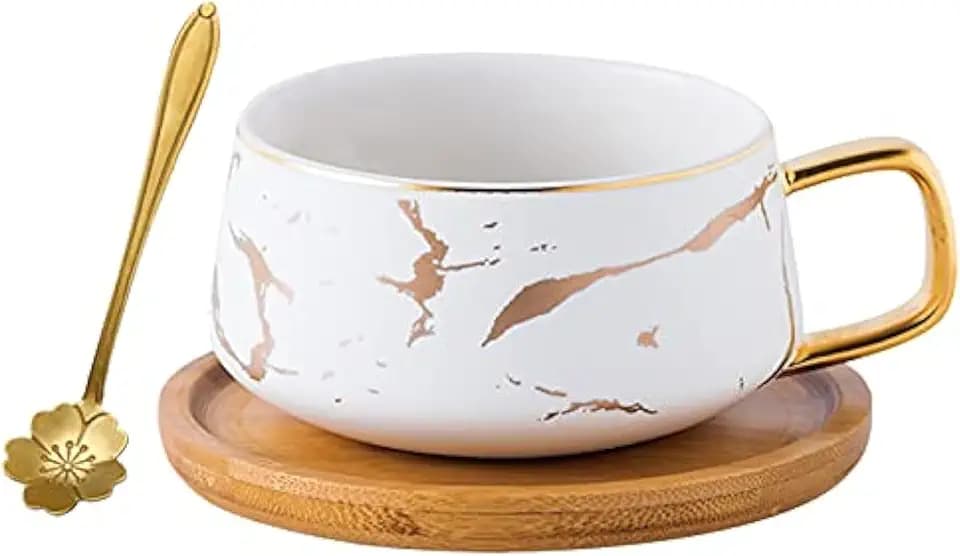 Jusalpha 10 oz Luxury Golden Hand Print Coffee Teacup Saucer Set, White