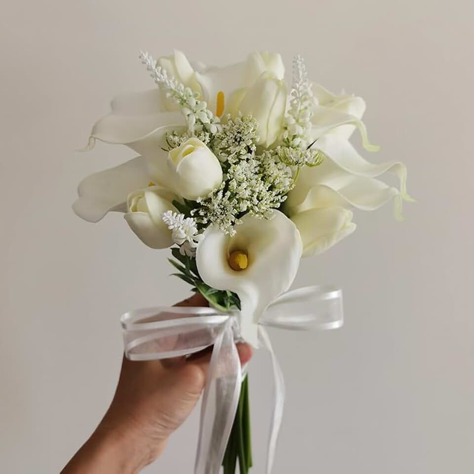 Tulips Calla Lily Artificial Flowers | Real Touch |Bridal Bouquet | Wedding Bouquet Home Décor Party (White)