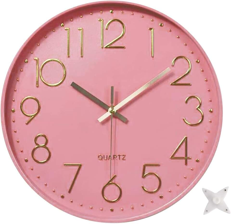 12 in Wall Clock Non-Ticking Quartz Silent Battery Operated Round Clocks Home Kitchen Office School Living Room Decor Clocks (Pink-Rose)