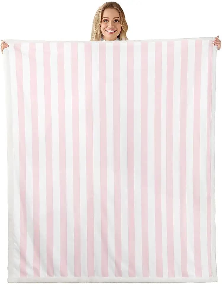 Feelyou White Pink Striped Throw Blanket Striped Soft Fleece Sherpa Cozy Fuzzy Plush Warm Geometric Fuzzy Plush Throw Basic Simple Twin 60"x80" for Bed Couch Living Room