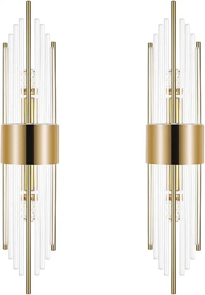 2-Light Modern Brushed Titanium Gold Wall Sconce, 100W Crystal Luxury Wall Light Fixtures Set of 2, 200LM Gold Vertical Rod Design, for Living Room, Bedroom, Bathroom, Vanity(Gold)