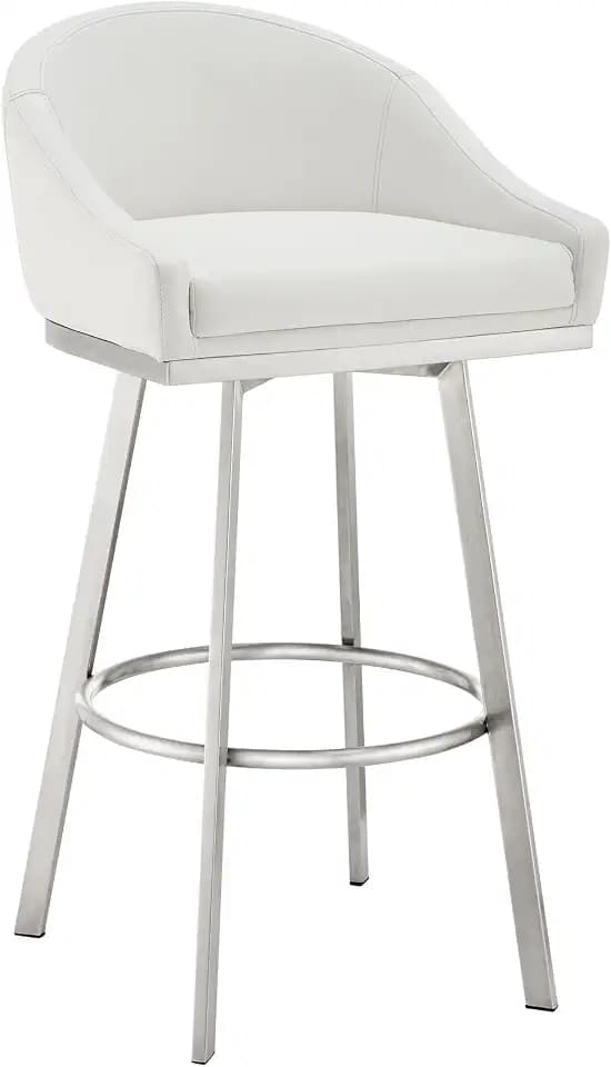 Armen Living Eleanor Swivel Bar Stool in Brushed Stainless Steel with White Faux Leather
