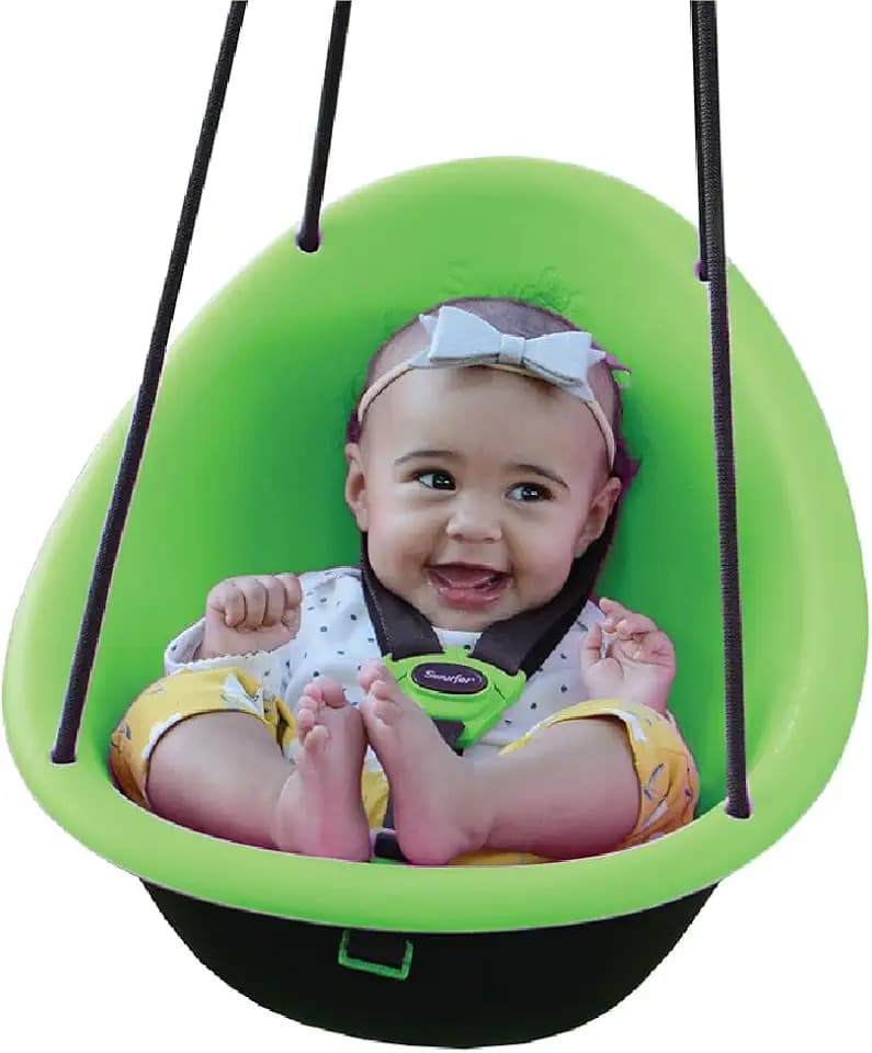 Swurfer Kiwi Toddler Swing – Comfy Baby Swing Outdoor, 3-Point Adjustable Safety Harness, Safe Quick Click Locking System, Foam-Lined Shell, Blister-Free Rope, Easy Installation, Age 9 Months and Up