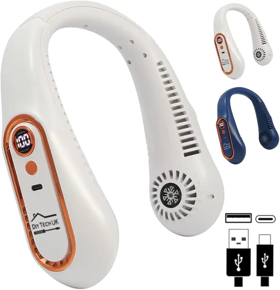 DIY TECH UK - CoolBlast Dual Action - USB Wiederaufladbarer Halsventilator - Einstellbar - Freihändiger, blattloser, persönlicher, tragbarer Halsventilator - 5 Geschwindigkeiten - Tragbar für Sport