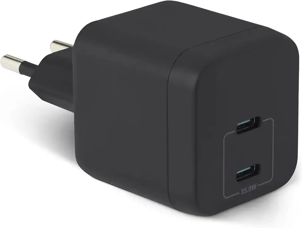 Amazon Basics USB-C-Wandladegerät mit Nano-GaN-Technologie und Schnellladefunktion, 35W, 2 Anschlüsse für Tablets/Telefone, Schwarz