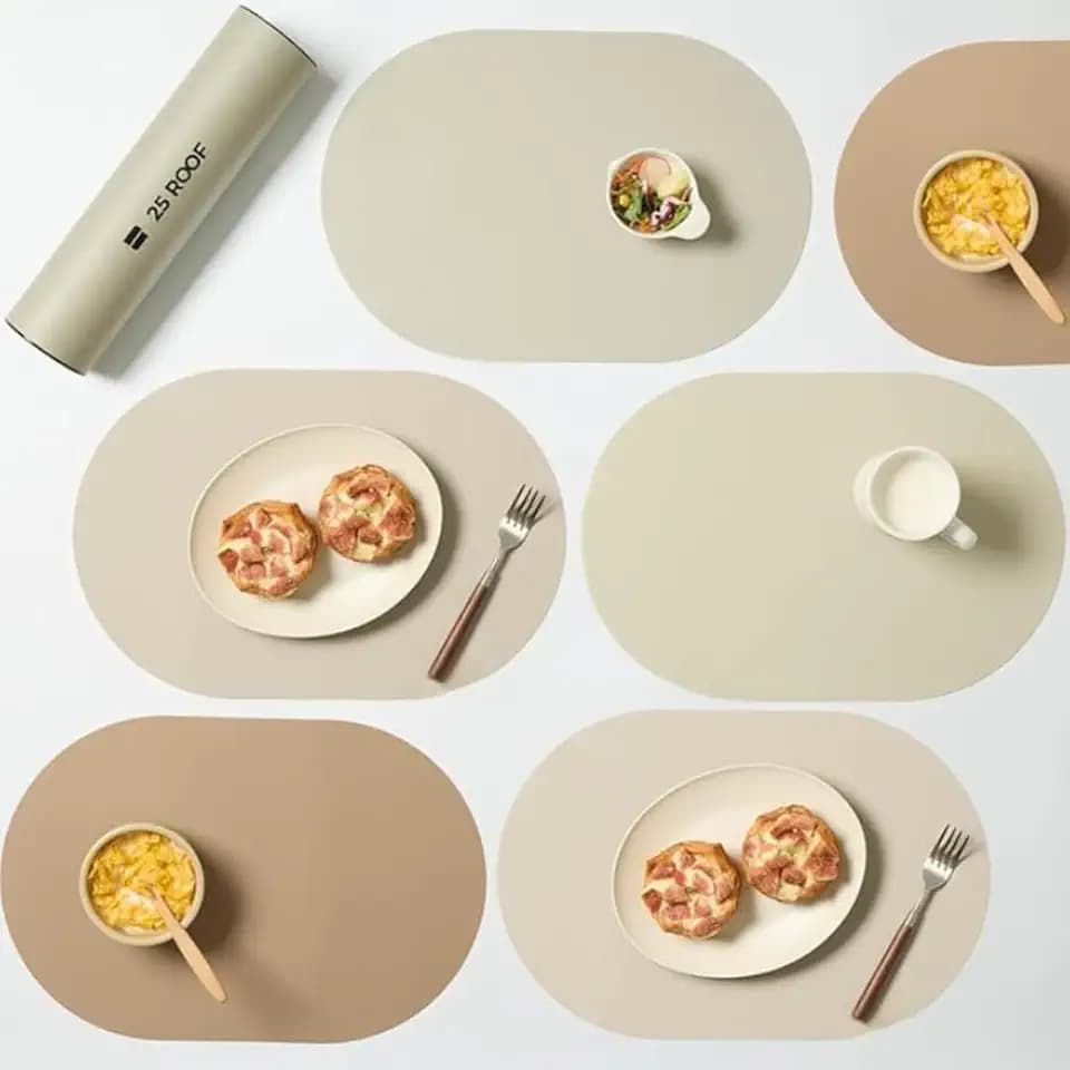Oval Silicone Placemats – Heat Resistant, Waterproof, Easy to Clean Non-Slip Modern Dining Table Mats – Premium Leather Textured Japandi Kitchen Decor (6, Beige Combo, Without Coasters)