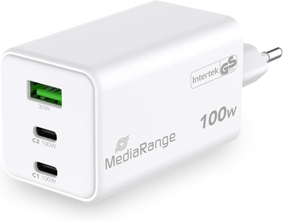 MediaRange GaN Ladegerät 100W EU-Stecker 2X USB-C + 1x USB-A