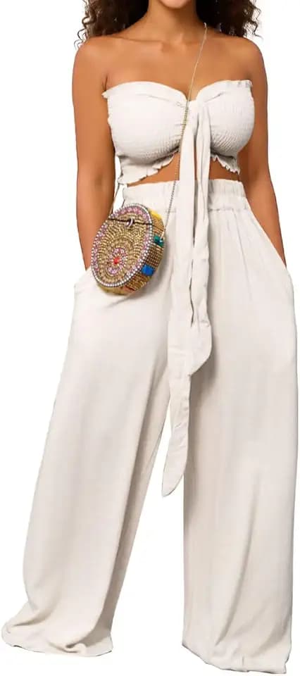 WXN Women's Two Piece Sets Summer Vacation Outfits Crop Top Wide Leg Pants