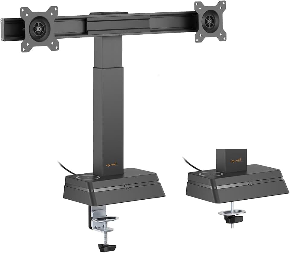 my wall elektrische Monitor Halterung - HL66-2L, 2 Monitor, automatische Eye-Level Höhenverstellung, Monitor Halterung 17" - 32", Wireless Charging, drehbar, neigbar, rotierbar