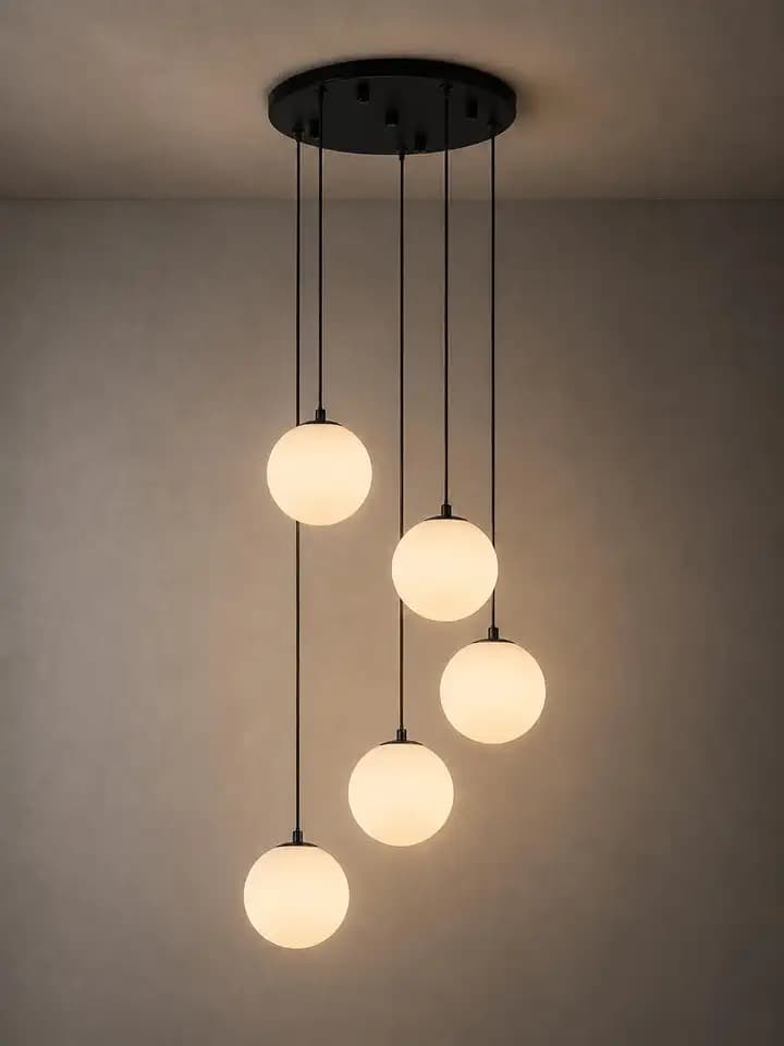 Black Globe High Ceiling Chandelier - 5-Light 360° Statement Focal Point