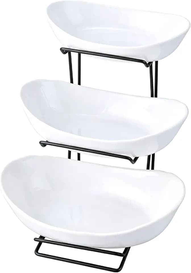 jessie 3 Tier Ceramic Fruit Basket for Kitchen Counter with Metal Stand, Fruit Bowls with Rack, Porcelain Bowls for Vegetable Bread Candy Snack Nuts Dessert Cake Tray