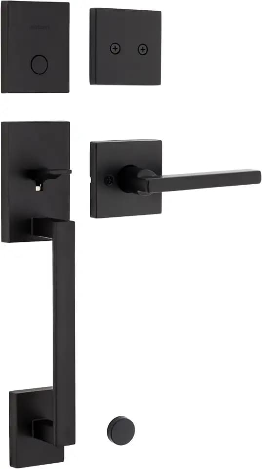 Kwikset San Clemente Non-Functioning Front Door Lock Handle, Inactive Deadbolt and Interior Door Handle, Dummy Handleset Exterior with Interior Reversible Lever, Matte Black with Microban Protection