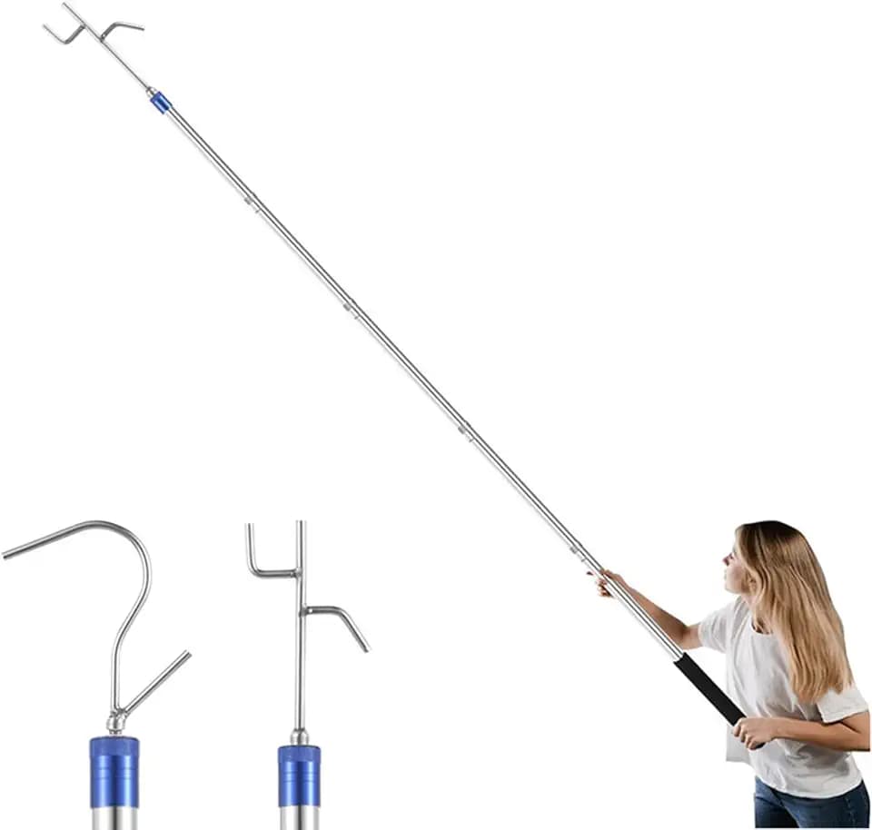Clothes Hook Pole Heavy Duty,35-78" High Reach Garment Hook with 2 Hooks