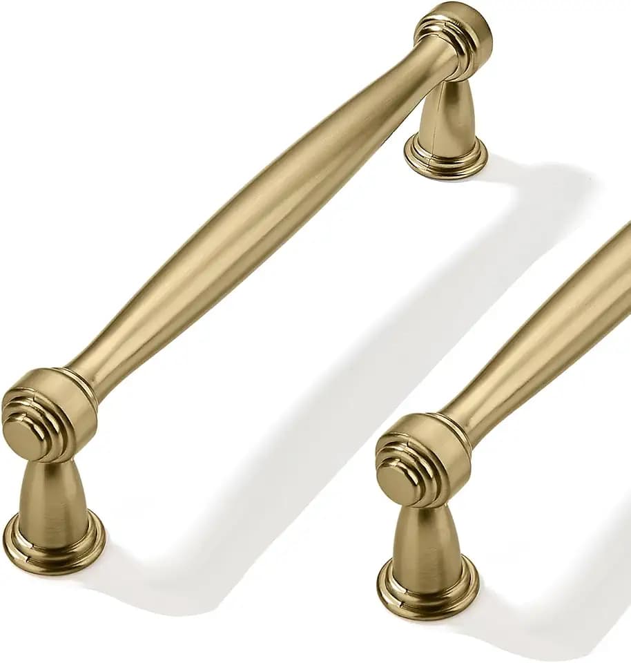 10 Pack 5inch(128mm) Center to Center Brushed Brass Cabinet Pulls Satin Brass Handles for Cabinets Cupboard Solid Heavy Duty Drawer Handles Dressers Kitchens bedrooms
